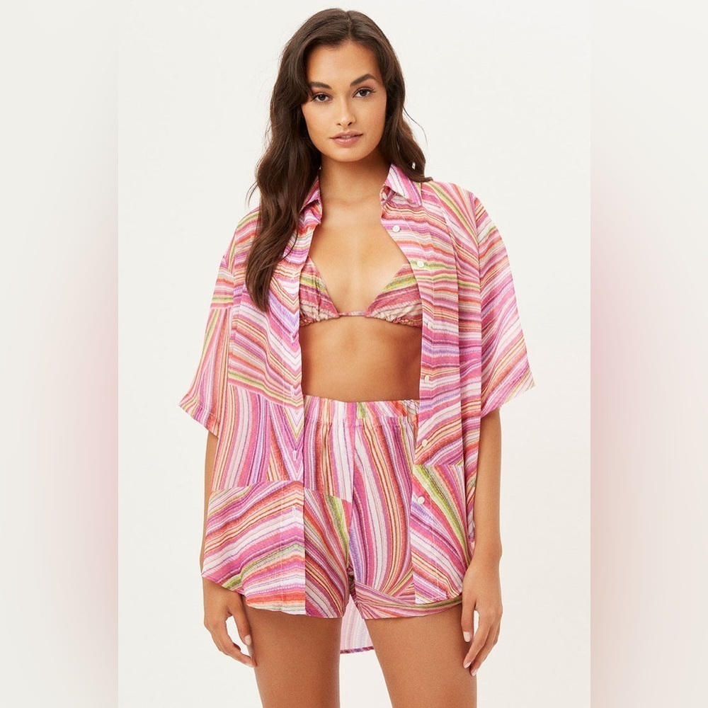 NWT Frankie’s Bikinis Fifi Button Down Short Sleeve Multi Colored Blouse Sz M